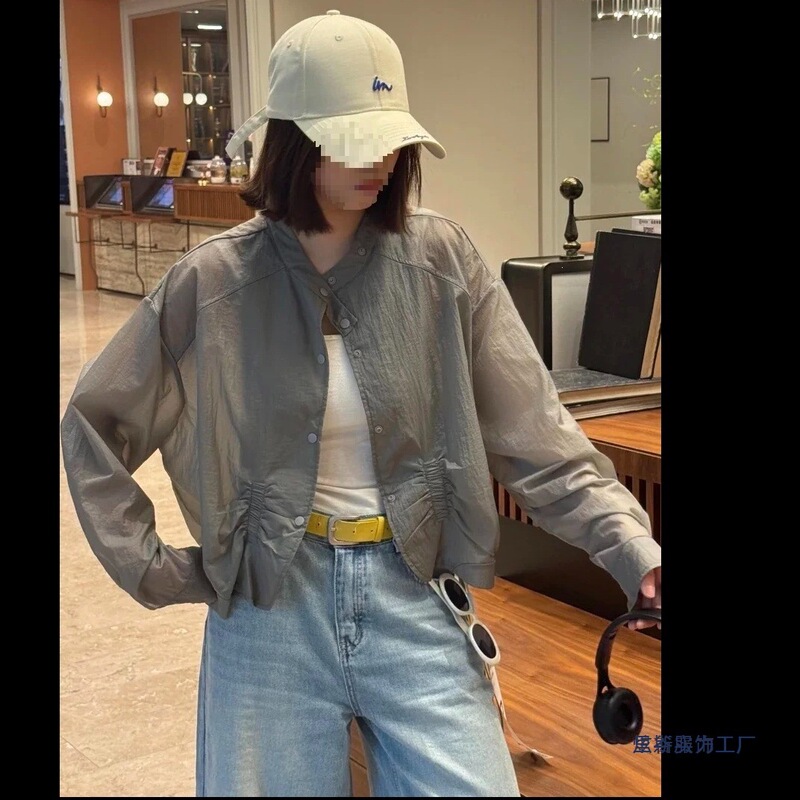 European Goods 2026 Spring and Summer New Style Stand Collar Single-Breasted Pleated Thin Sun Protection Jacket Short Coat Women's Top Gray