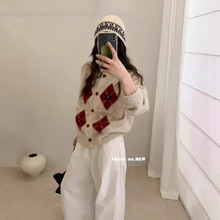 韩系复古菱格软糯针织开衫女2025秋冬新款宽松慵懒风毛衣外套上衣