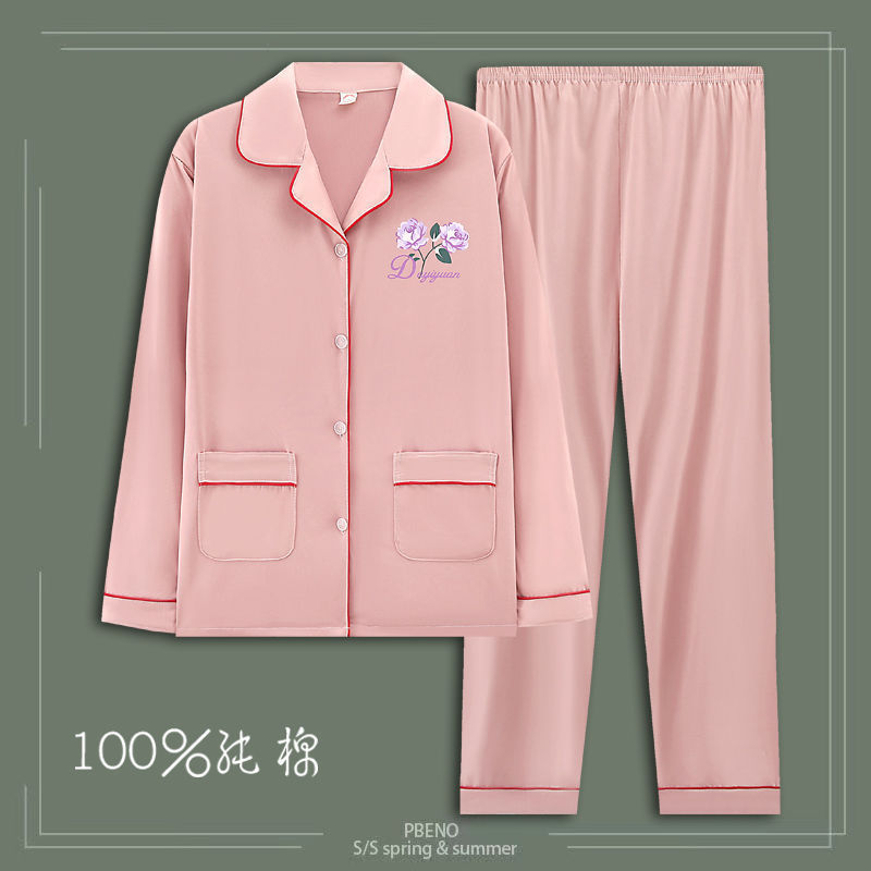 Pijamas de algodón para mujeres primavera y otoño de manga larga cardigan de mediana edad suelta grande se puede usar en el exterior conjunto de ropa de casa