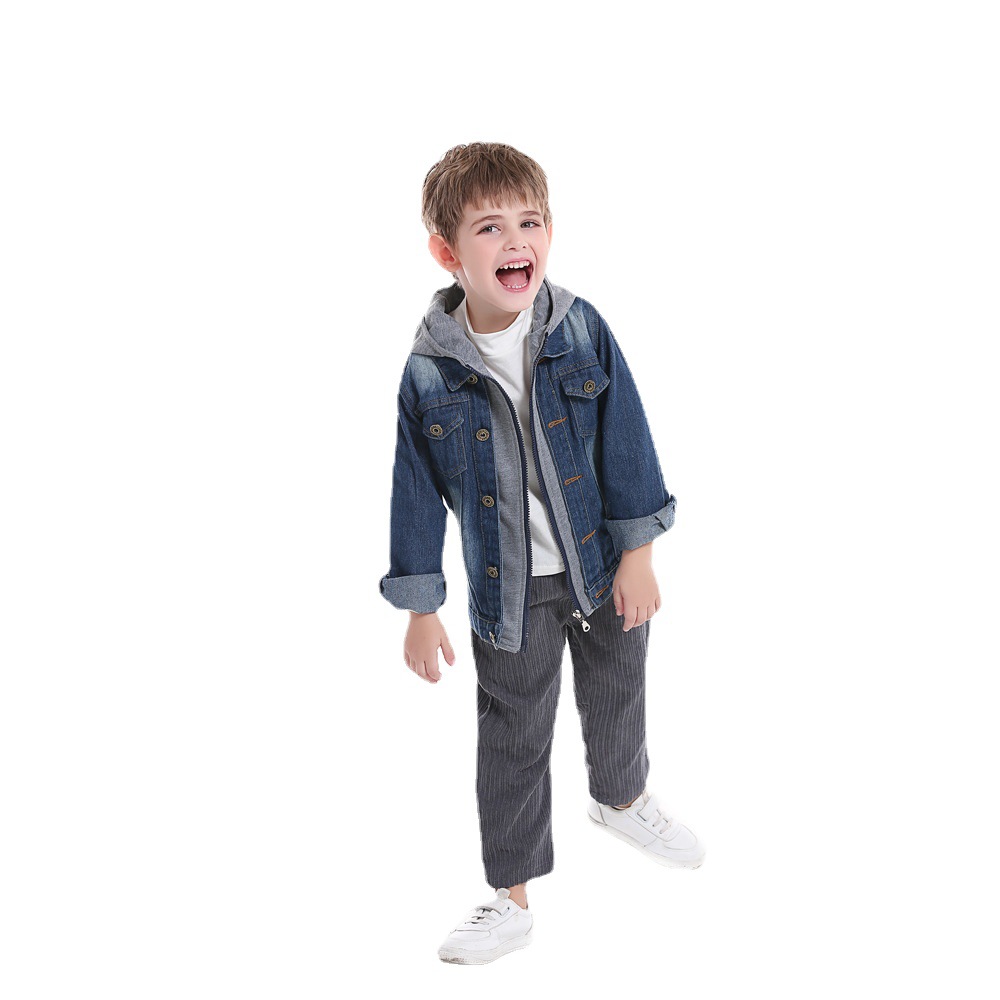 Chaqueta de mezclilla para niños coreanos otoño e invierno moda abanico cremallera de manga larga con capucha vaquero falso de dos piezas Denim coat