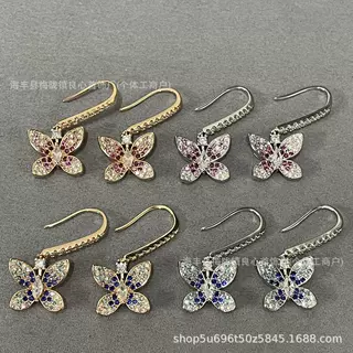 高版格拉家幻影蝴蝶耳环渐变粉钻蓝钻蝴蝶耳环厚镀V金轻奢女耳吊