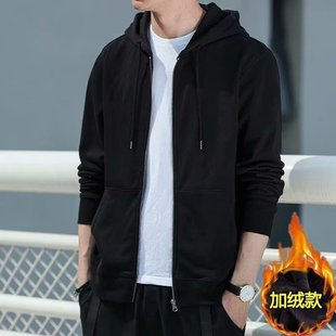 2024 New Autumn and Winter Cardigan Fleece-Lined Sweatshirt Men's Hooded Jacket Trendyy Sports Casual Versatile Pure Color Top