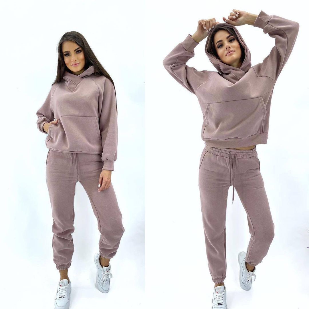 Hooded Loose Casual Top Two Piece 2024 Autumn/Winter New Brushed Women's Sweater Sports Set_voghion.com