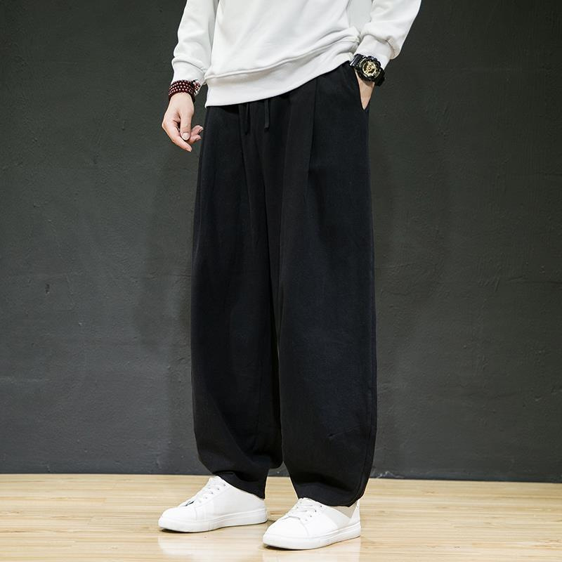 Pantalones largos de lino sueltos de primavera y otoño de estilo chino, pantalones largos de pierna ancha de talla grande más gordos, pantalones harem casuales de algodón y lino