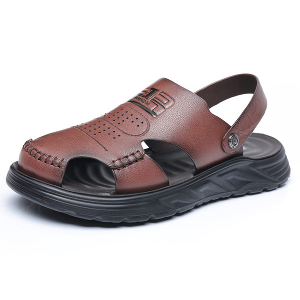 Dép sandal nam bít mũi da bò lớp đầu đế dày thoáng khí gót 3 cm — Màu nâu, Màu đen