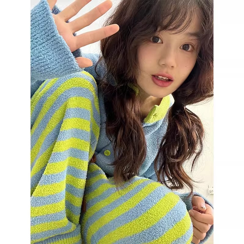 秋冬季睡衣女半边绒加厚保暖小香风冬天法兰绒家居服韩版条纹套装|undefined