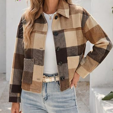 New autumn jacket for women on foreign trade independent website, European and American style, simple casual flannel short plaid button-up coat New autumn jacket for women on foreign trade independent website, European and American style, simple casual flannel short plaid button-up coat