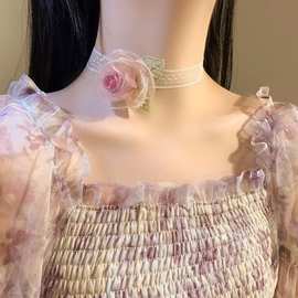 复古法式大花朵choker项链女百搭高级感锁骨链流苏绑带颈带颈链女