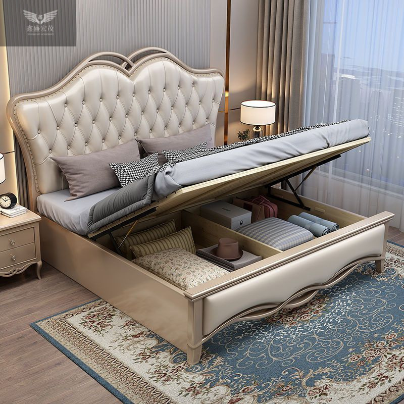 Cama simple de madera maciza estilo europeo americano de lujo ligero cama doble moderna 1.8m oro de champagne de lujo cama de 1.5m cama de matrimonio