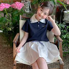 女童花边翻领POLO衫中大童韩系宽松夏季新款撞色百搭T恤套头衫潮