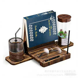 木质三角形书架可折叠办公桌面看书架眼睛耳机收纳架杯托阅读书架