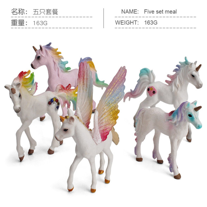 Exportación transfronteriza Diversión infantil mito animal juguete unicornio arco iris modelo de caballo Pegaso duende decoración en stock