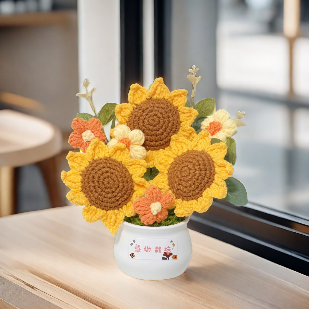 Bolsa de material de bricolaje de flores de girasol, flor tejida a mano, botella blanca pequeña, planta en maceta de punto, decoración de escritorio terminada