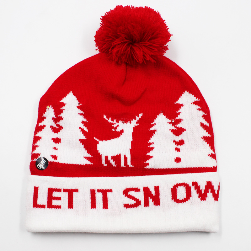 Fabricante transfronterizo de gorros navideños europeos y americanos tejidos en jacquard, gorros navideños de lana con luces LED, gorros navideños con pompón y bufandas. image 44