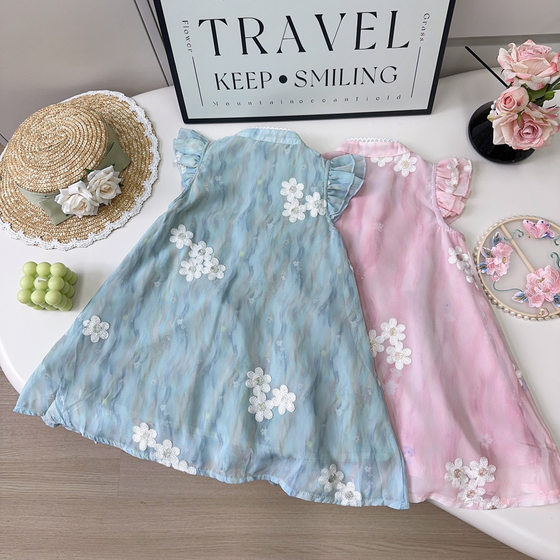 Girls' Chinese Style dress Summer New Style Western Style High Feeling Flying Sleeve Mesh Embroidery dress EXB103