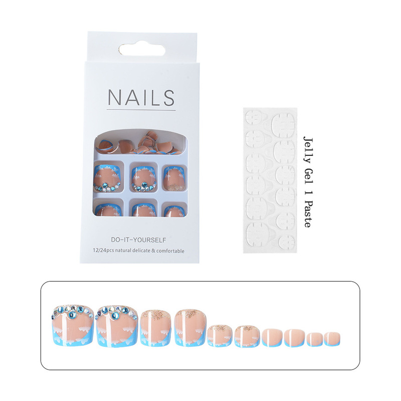 French Style Wearable Manicure Nails, Toenail Patches, Blue Diamond Nail Patches, 24 Pieces, Removable Toenail Patches