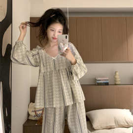 批发货源 新款睡衣女韩系复古花色简约套装休闲宽松家居服