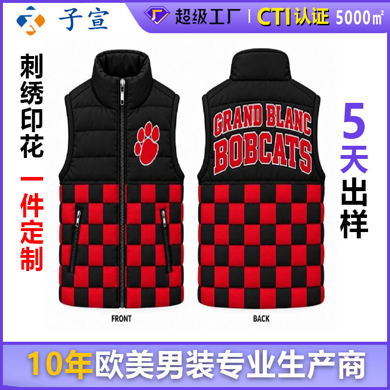 新款男秋冬季跨境独立站外贸马甲立领球队3D棉衣休闲时尚运动马甲