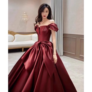 Summer New wine red off-shoulder Bride Toasting Dress High-end Light Luxury Evening Dress Retro High-end Dress