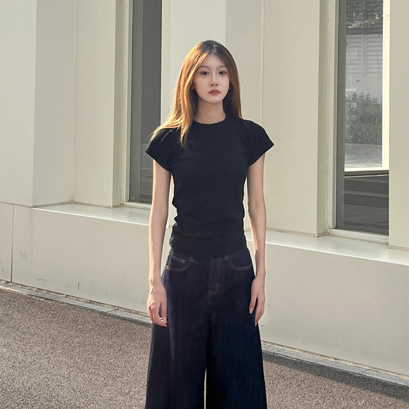 2025夏季新款黑色正肩纯棉基础款短袖t恤女百搭显瘦美式小众上衣|undefined