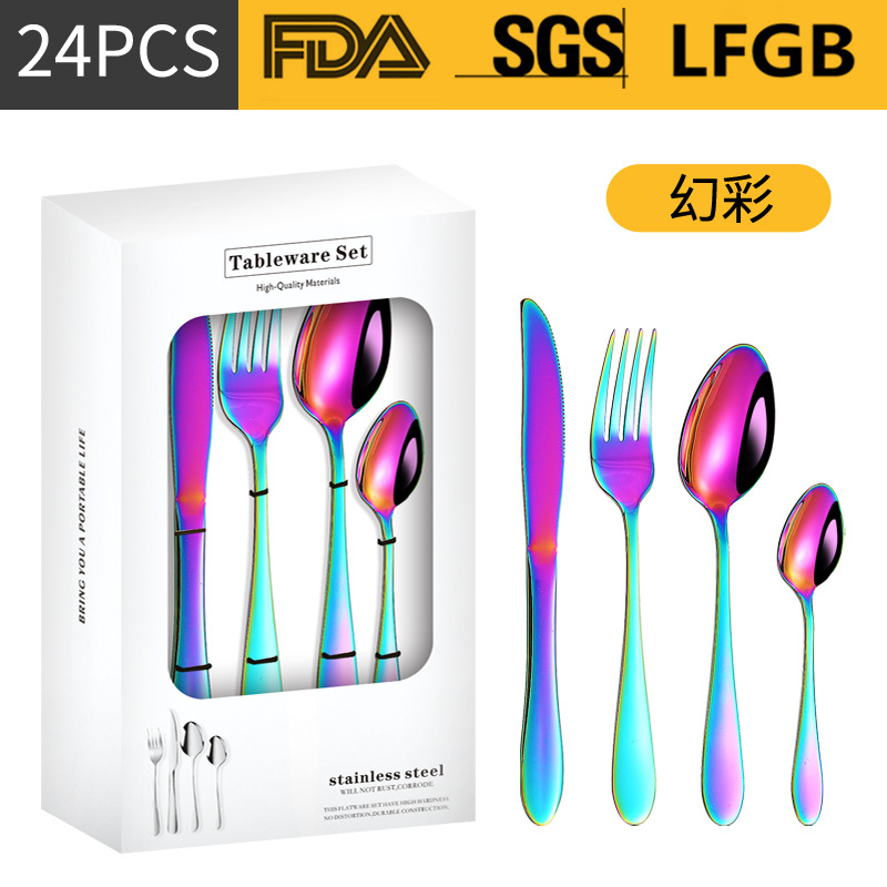 Productos transfronterizos de Amazon cubiertos de acero inoxidable cuchillos y tenedores cucharas set de 24 piezas 1012 cuatro piezas principales set de caja de regalo de comida occidental