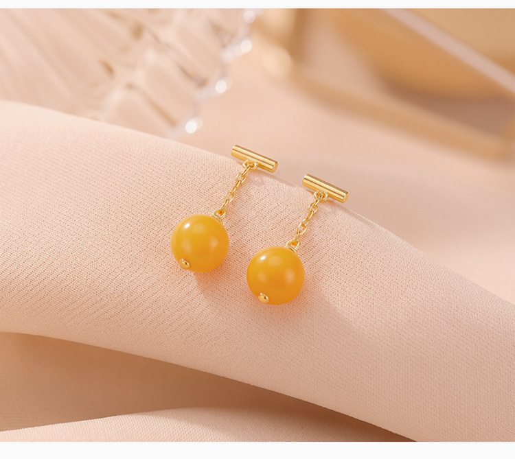 Bông tai bạc S925 mạ vàng đính đá hổ phách và ngọc bích phong cách tối giản — Một cặp màu hổ phách chi tiết 7