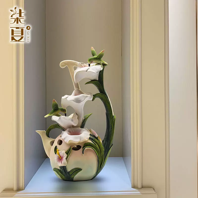 欧式客厅玄关桌面蜂鸟百合流水摆件电视柜创意喷泉树脂装饰品代发