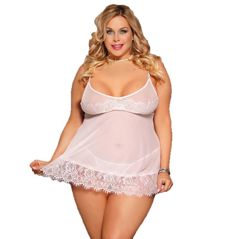 Europa y América más el tamaño de la ropa interior sexy de las mujeres sexy Correa push up camisón de malla de encaje transparente pijamas traje de comercio exterior