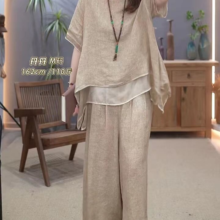 Trendy and Youthful Summer Outfit for Moms, Ice Silk Cotton and Linen Set, Fashionable Middle-Aged Women's Loose-Fitting Slimming Wide-Leg Pants Two-Piece Set Trendy and Youthful Summer Outfit for Moms, Ice Silk Cotton and Linen Set, Fashionable Middle-Aged Women's Loose-Fitting Slimming Wide-Leg Pants Two-Piece Set