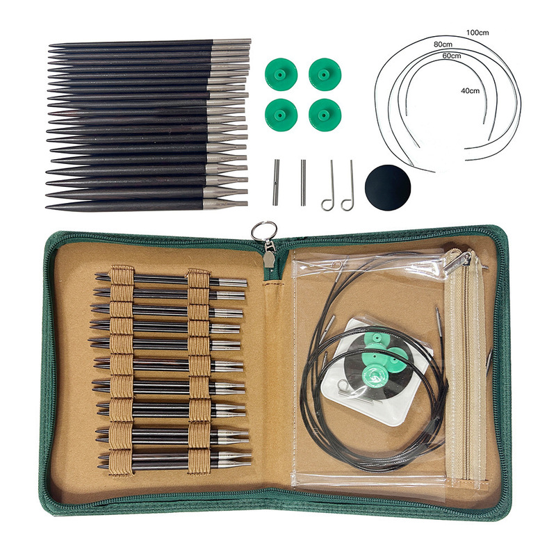 Knitting tool new ebony disassembly ring needle change rope ring needle set of 10 3.0-6.5mmPU bag