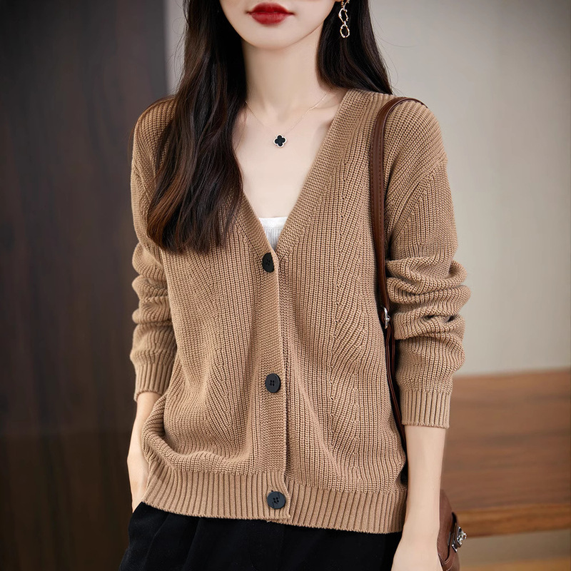 Cotton Sweater V-neck Knitted Cardigan Women's 2024 Autumn and Winter New Shoulder Lazy Style Loose Long-sleeved Coat Top