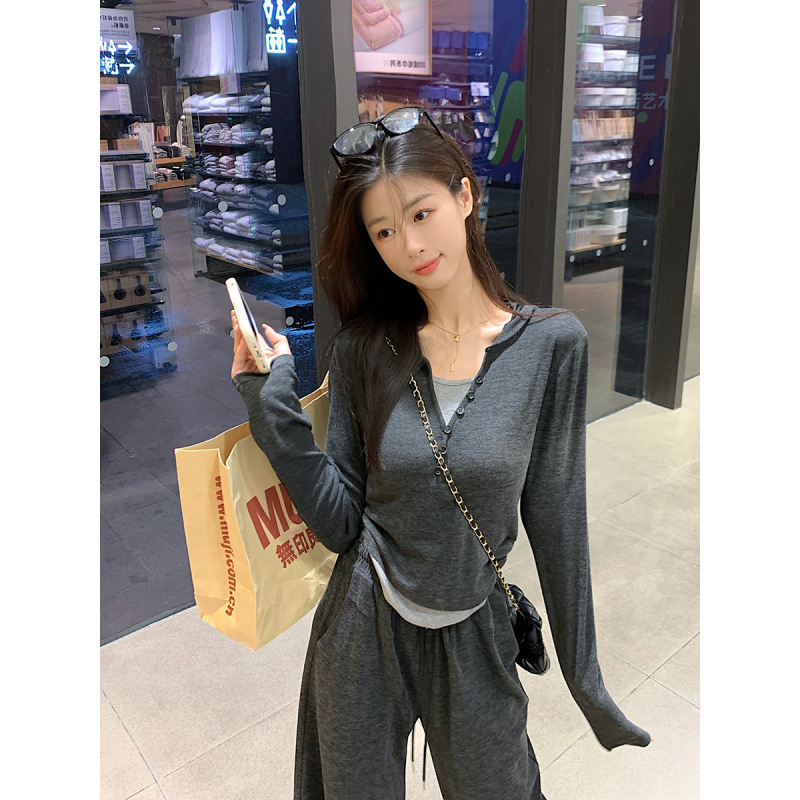 糯米套装两件套休闲运动套装假两件长袖上衣女秋季高腰长裤阔腿裤|undefined