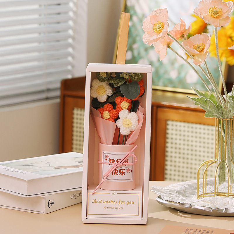 教師の日の花束プレゼント毛糸鉤織小花束ロマンチックな手提げ花純手編み先生プレゼント|undefined