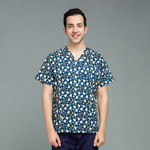 Short-sleeved hand-washing gown, printed doctor's surgical gown, female oral beauty salon overalls, male pet hospital scrub uniform, cotton