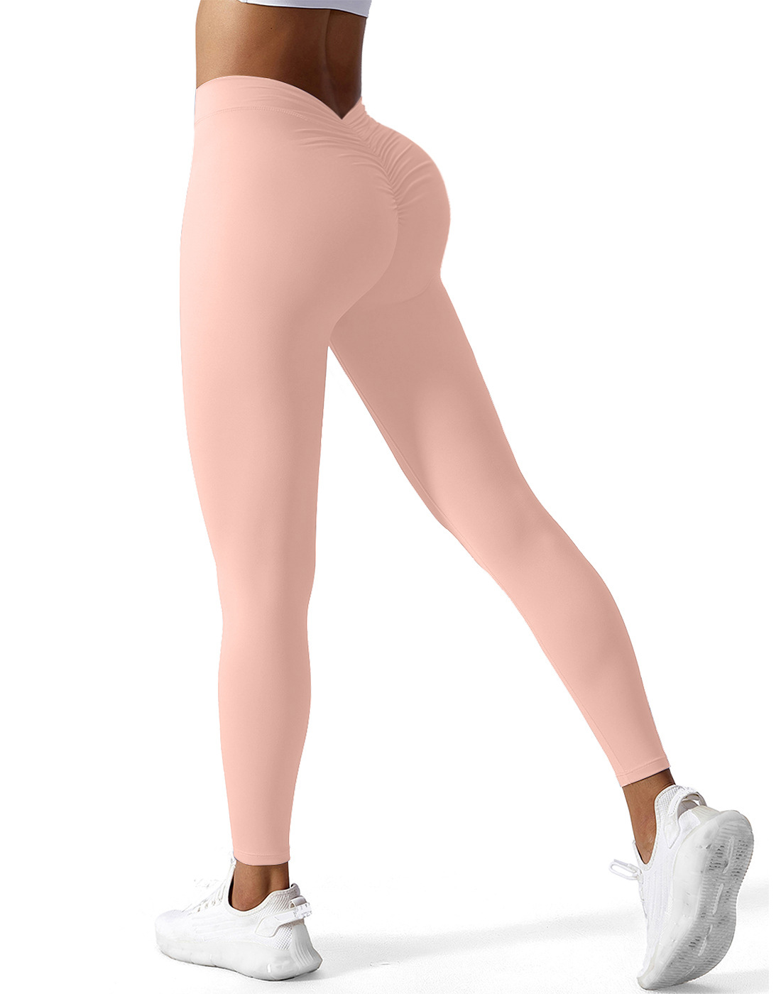 Color sólido cintura espalda V arruga cadera levantamiento nude recortada pantalones de yoga elástico alto transpirable de secado rápido pantalones de fitness para mujeres