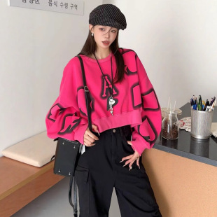 Sweet and Cool Fashion Printed Large a Letter Sweatshirt for Women 2025 Autum Petite Pullover Short Loose Large Size Top