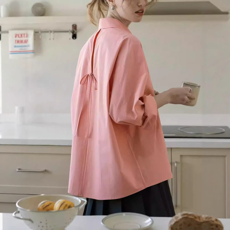 French-Style Trendy Youthful Pink Shirt for Women, Spring Design with Unique Back Tie, Loose and Relaxed Blouse Top French-Style Trendy Youthful Pink Shirt for Women, Spring Design with Unique Back Tie, Loose and Relaxed Blouse Top