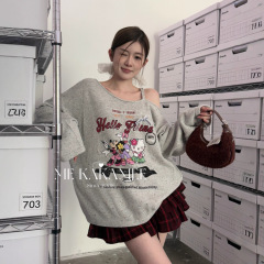 ME KAKAMEE十三行秋美式卡通喷画彩纱大版露肩毛衣(配胸针) S215