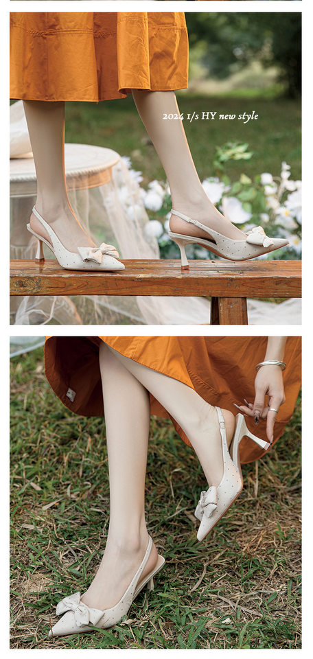 Giày sandal nữ bít mũi mũi nhọn gót mảnh đính đá nơ quai ngang, gót 6–8 cm — Màu mơ, Màu đen chi tiết 10