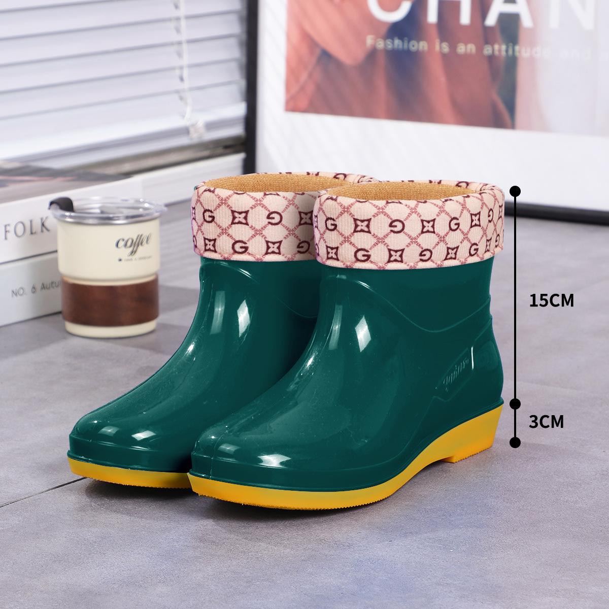 Zapatos de agua de cilindro alto de cocina de mujer con zapatos de lluvia de algodón de lana, zapatos de goma de mujer, zapatos de tendón de torón de cilindro corto antideslizante image 24