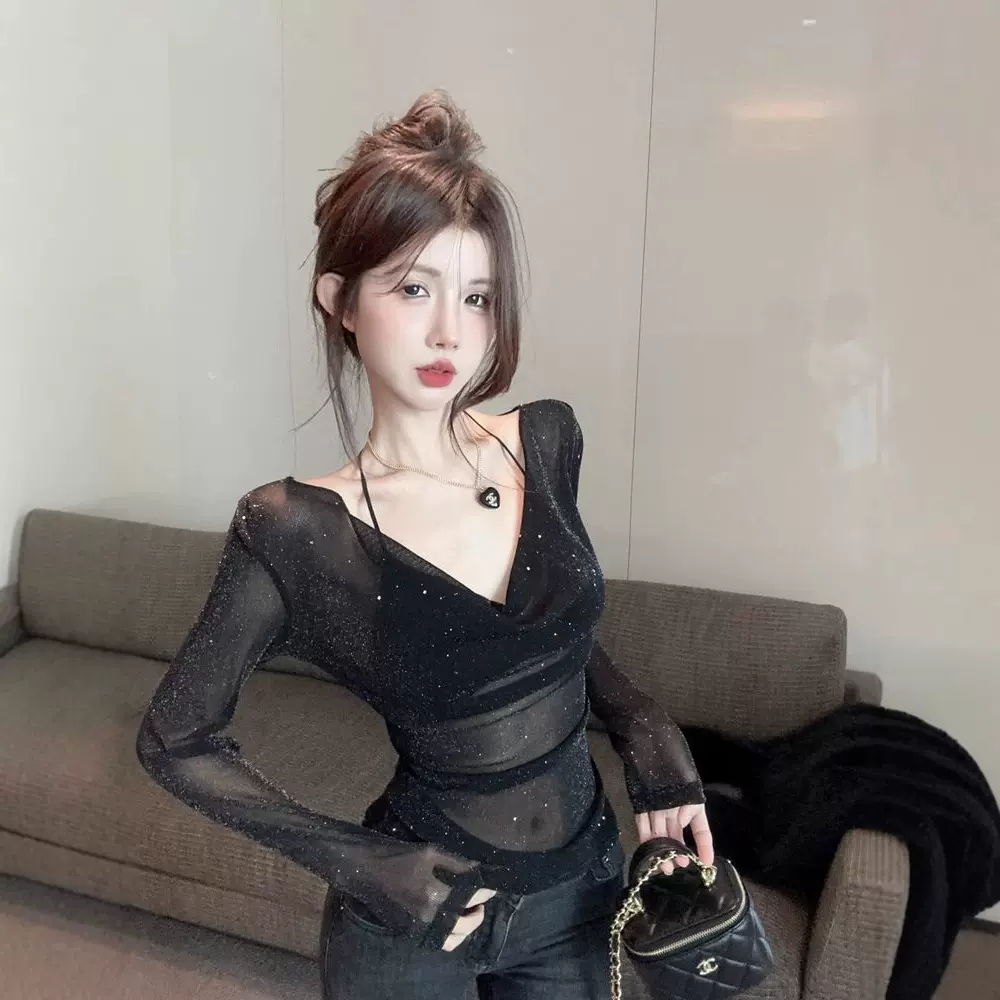 韩版独特别致修身显瘦甜辣妹v领锁骨短款上衣设计感打底衫外贸潮