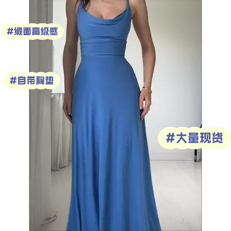 In-Stock Hot-Selling Summer New Style Spaghetti Strap Dress with Satin U-Neck and Chest Pads, Waist-Cinching, for Amazon and European/American Markets