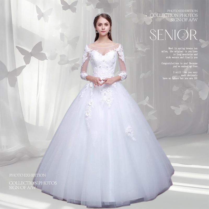 Cross-Border Wedding Dress Bride 2025 New Korean Style One-Shoulder with Sleeves Floor-Length Wedding Dress Flower Large Size Slimming Look Cross-Border Wedding Dress Bride 2025 New Korean Style One-Shoulder with Sleeves Floor-Length Wedding Dress Flower Large Size Slimming Look