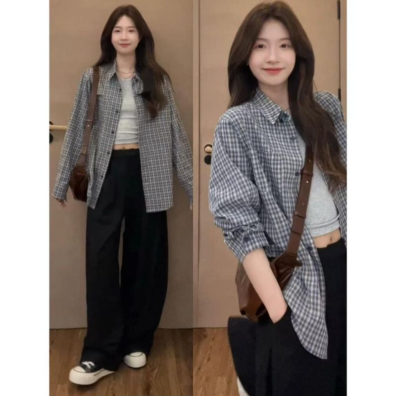 韓国スタイルのスーパーフェアリーイン純綿チェック柄シャツ女性のルーズカジュアルスリミング長袖シャツ日焼け止めシャツアウターウェア|undefined