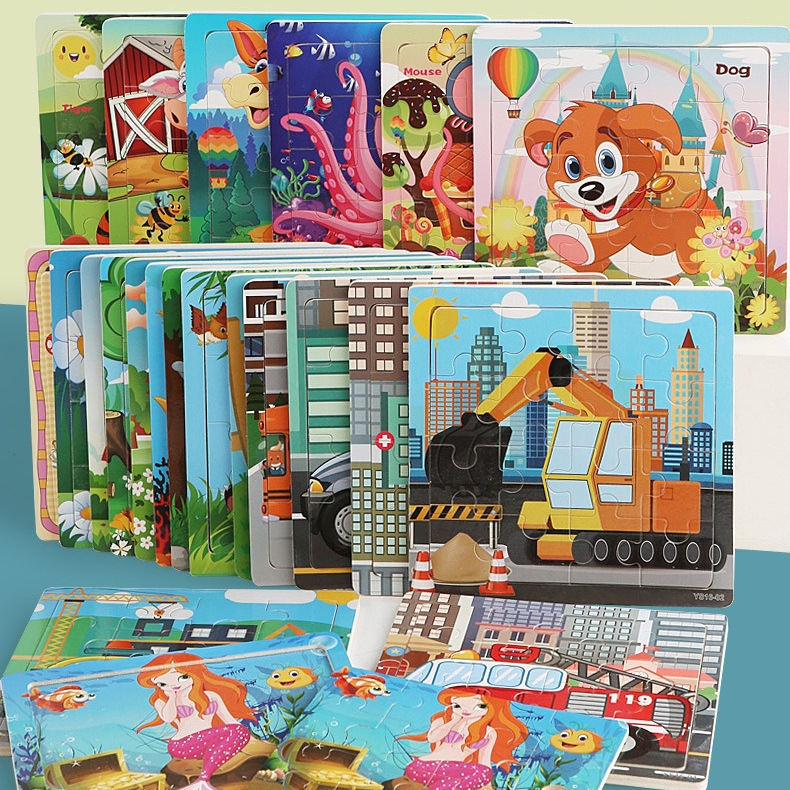 Nuevo 16 unidades rompecabezas de madera juguete jardín de infantes regalo niños educación temprana dibujos animados rompecabezas de madera fabricante