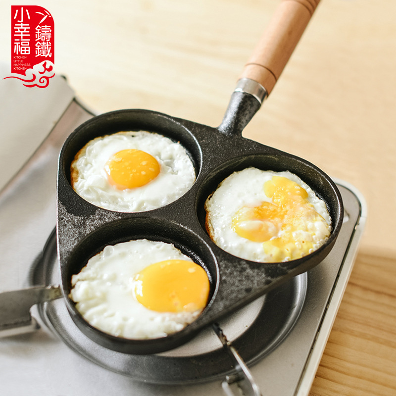 Hogar de tres agujeros de hierro fundido huevo sartén huevo hamburguesa máquina huevo dumpling pan huevo freír máquina molde de la torta sartén antiadherente