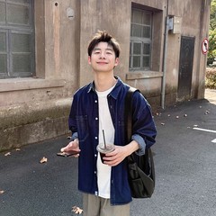 少年感深蓝色牛仔衬衫男长袖宽松复古日系慵懒松弛感穿搭衬衣外套