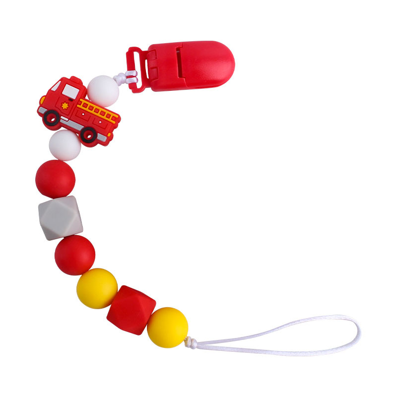 Suministros de bebé plástico clip duckbill camión bomberos juguete mordedor bebé calmante silicona chupete cadena dientes