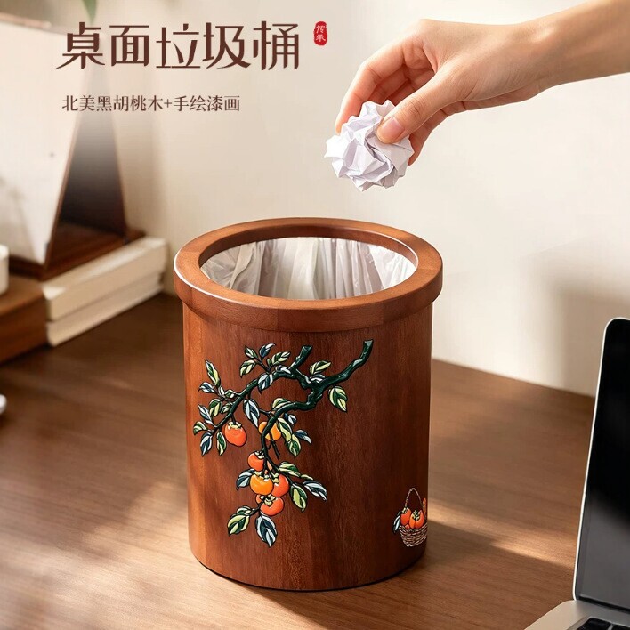Solid wood desktop trash bin with new Chinese-style hand-painted persimmon pattern, suitable for home and office, coffee table storage bin with lid Solid wood desktop trash bin with new Chinese-style hand-painted persimmon pattern, suitable for home and office, coffee table storage bin with lid