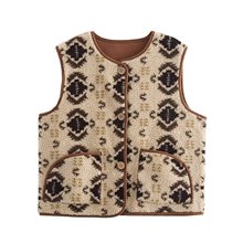 PB&ZA女装2025年秋季新款 印花皮毛一体羊羔毛圆领无袖口袋饰马甲